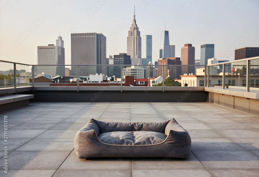 Fototapeta premium Urban pet lifestyle and luxury living, empty dog bed on a rooftop terrace with city skyline view at sunset for modern apartment pet ownership