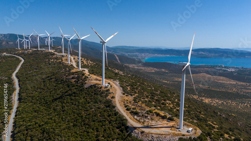 Canvastavla Aerial View of Wind Farm on Hillside Near Coastal Bay Turkey