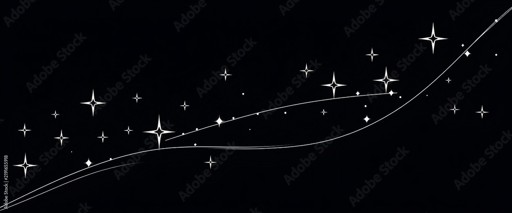Fototapeta premium Stylized shooting star with sparkling celestial details and a sweeping luminous trail on a dramatic black background.
