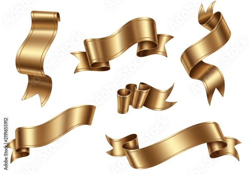 Set of golden vintage ribbons and banner scrolls isolated on transparent background
