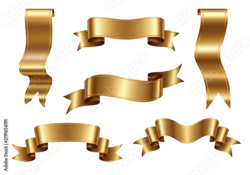Set of golden metallic ribbons and banners for decoration isolated on transparent background