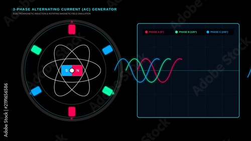 3 Phase Alternating Current Generator Simulation Showing Rotating Magnetic Field And Sine Waves