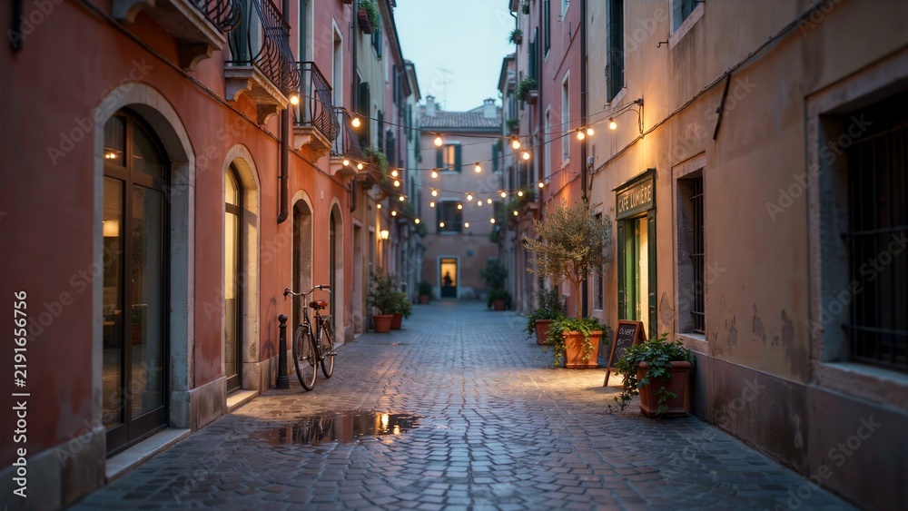 Fototapeta premium Cobblestone alleyway with hanging string lights at dusk