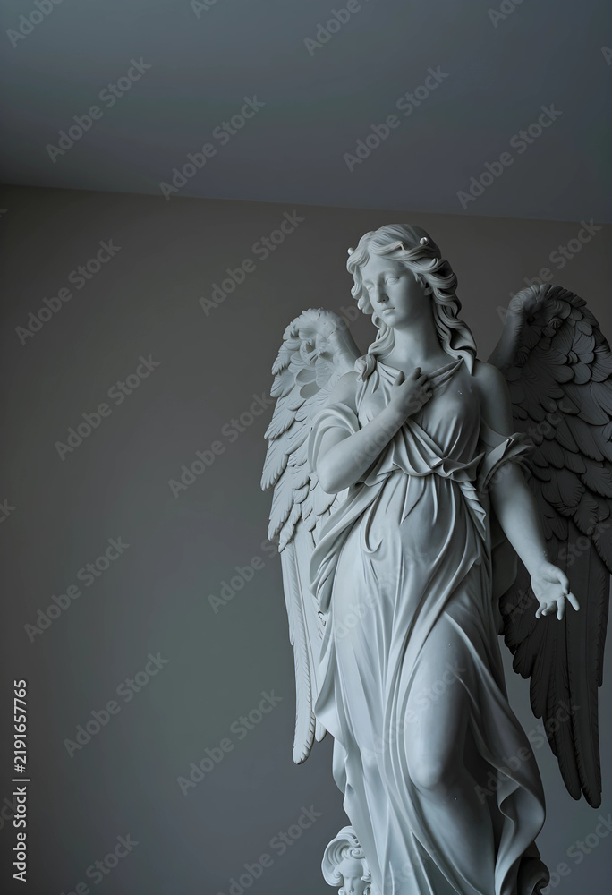 Fototapeta premium Spirituality and faith concept marble angel statue with wings in a peaceful pose for religious memorial and funeral themes in a classic interior