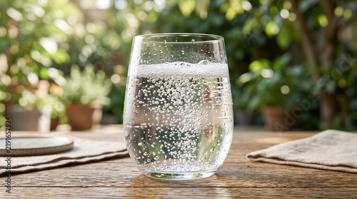 A transparent glass filled with sparkling water and visible bubbles, placed in a bright natural setting, representing freshness, hydration, wellness, and healthy living.