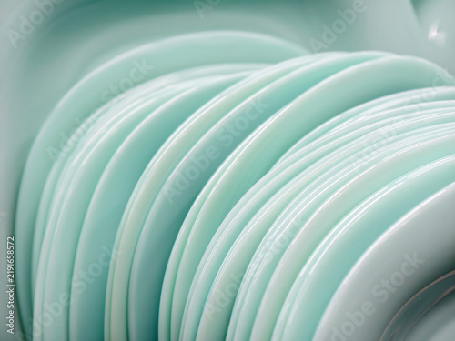 Canvastavla Light blue plates neatly arranged on supermarket shelves, close up of beautiful