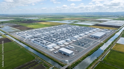 Aerial view of a massive data center facility surrounded by agricultural fields and irrigation canals in a rural landscape