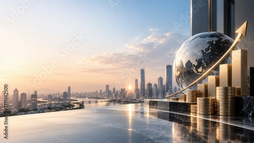 Global Financial Growth and Investment with Gold Bars, Coins and Globe Against City Skyline
