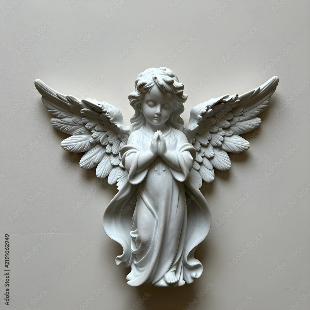 Fototapeta premium Spirituality and faith concept white marble angel statue with praying hands for religious peace hope and divine protection in a minimalist setting