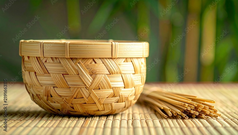 Obraz premium Japanese bamboo basket with hexagonal weave on tatami