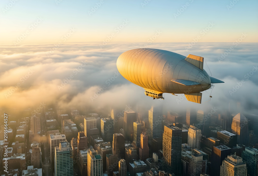 Obraz premium Travel and tourism innovation, vintage airship flying over a modern city skyline at sunrise with golden light and clouds for luxury transport concepts