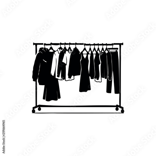 Clothing rack with garments silhouette vector flat design on white background.
