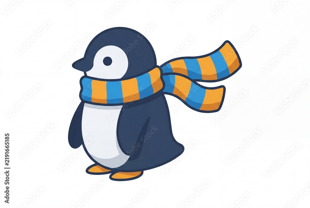 Obraz premium Cute cartoon penguin side profile wearing a striped winter scarf