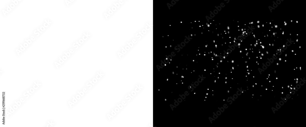 Fototapeta premium Abstract white dust particles on black background, floating snow spray texture, cinematic bokeh light speckles for overlay effects
