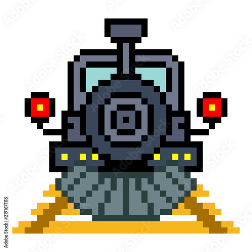 Steam train locomotive front view with pixel art on white background