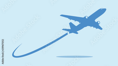 Minimalist flat vector illustration of commercial airplane flying with motion trail