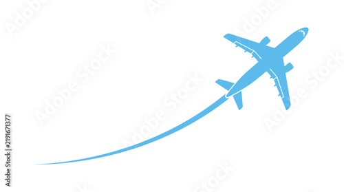 Minimalist flat vector airplane icon flying upward with motion trail in clean white background