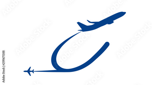 Minimalist vector airplane icon with curved flight path for travel and logistics branding