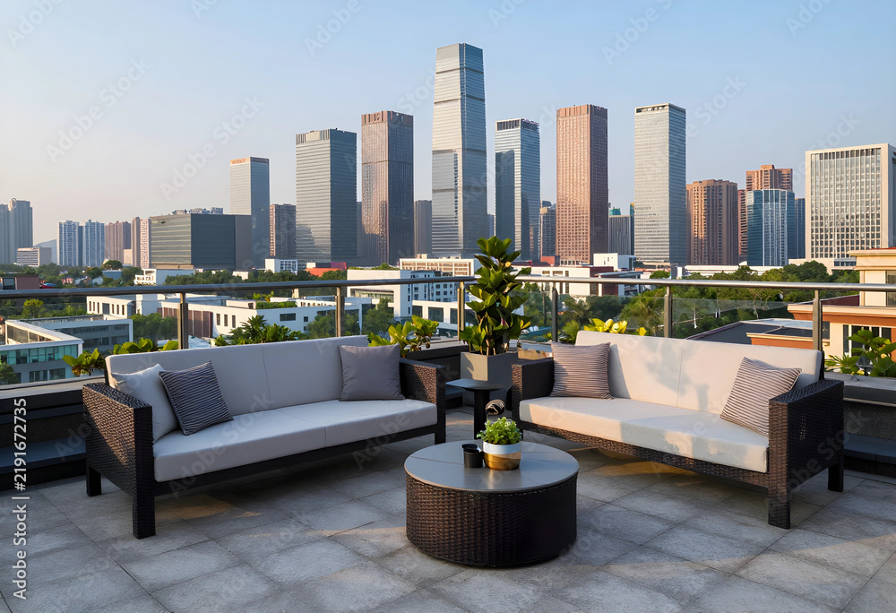 Fototapeta premium Urban lifestyle and luxury real estate, modern rooftop terrace with outdoor furniture overlooking a city skyline at sunset for high end living
