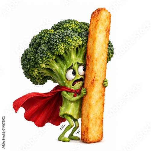 Funny Broccoli Character Hiding Behind Giant Crispy Fry with Red Superhero Cape