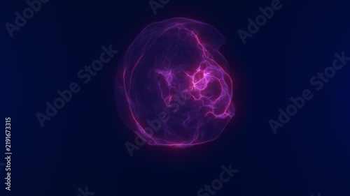 Abstract purple plasma sphere with glowing electric filaments on a dark blue background, representing cosmic power, quantum energy, and futuristic science.