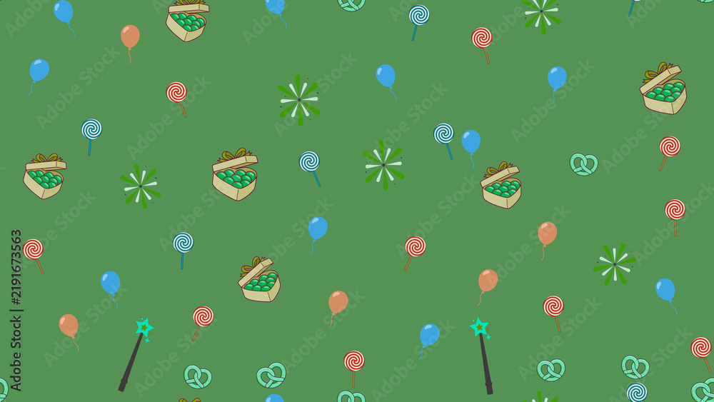 Party elements seamless pattern on green background