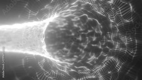 Abstract monochrome wireframe tunnel with glowing mesh waves and warped geometric surfaces