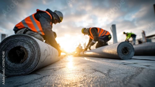 Construction Workers Installing Solar Panels on a Rooftop at Sunset

