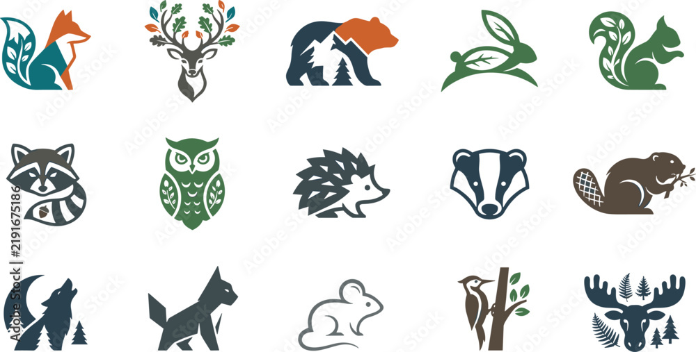 Fototapeta premium Forest Wildlife and Woodland Animal Icon Set with Nature Wilderness Logos for Camping Brands Outdoor Adventure Websites Apps and Creative Vector Designs