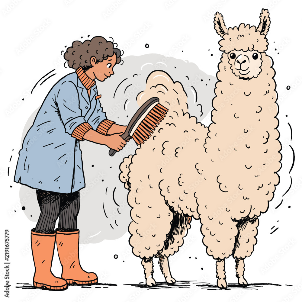 Fototapeta premium Woman brushing fluffy llama wool in hand drawn illustration style