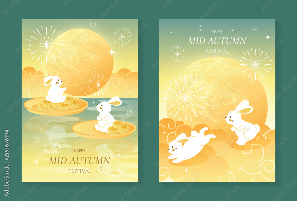 Obraz premium Mid-Autumn Festival vector poster set with rabbits, golden full moon, water landscape and fireworks on green backgrounds for festive greeting cards.