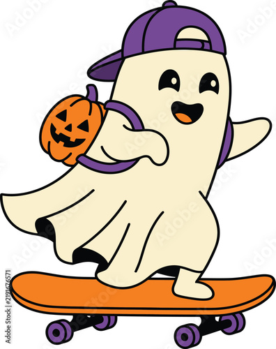 Cute Ghost Wearing Purple Beanie Holding Coffee Halloween Illustration
