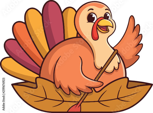A cartoon turkey cheerfully rowing a leaf shaped boat is depicted in a colorful vector illustration autumnal cheerful clipart concept cute decoration digital drawing