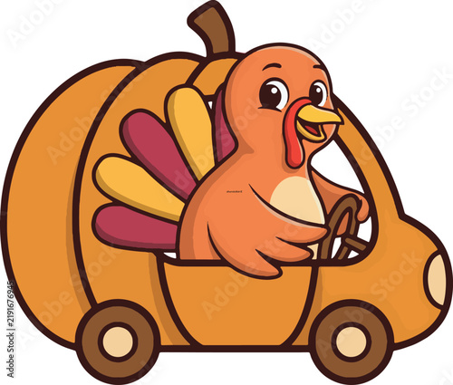 A cartoon turkey drives a pumpkin shaped vehicle a playful vector illustration autumn cheerful clipart colorful comedy cute digital drawing fall festive fun gobble