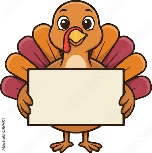 A cartoon turkey cheerfully holds a blank rectangular sign presented as a vector illustration poultry fowl bird thanksgiving holiday autumn fall november graphic design