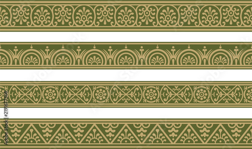 Set of Vector seamless gold with green border, Pompeii frame. Endless Neopolitan ornament. Art of Ancient Rome.
