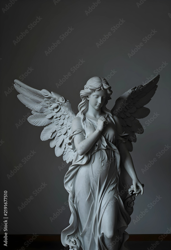 Fototapeta premium Spirituality and peace, marble angel statue with wings in a serene pose for religious reflection, memorial art and divine grace in a quiet interior