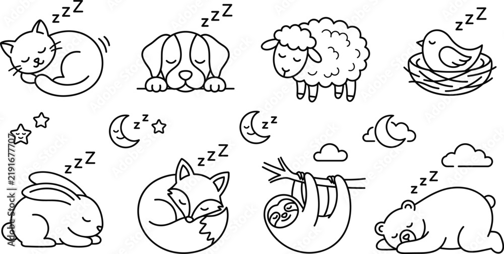 Fototapeta premium Sleeping animals line icon set with cute cat dog sheep bird rabbit fox sloth and bear nighttime symbols