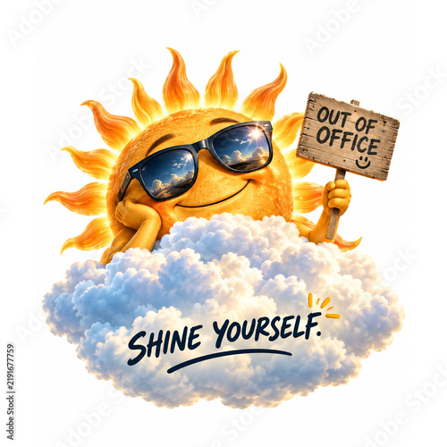 Happy Sun Character Wearing Sunglasses with Out of Office Sign and Clouds