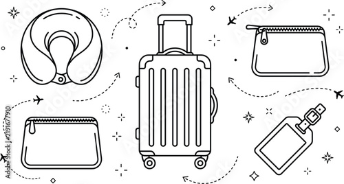 Travel accessories line art vector icon set of suitcase neck pillow cosmetic pouch and luggage tag elements