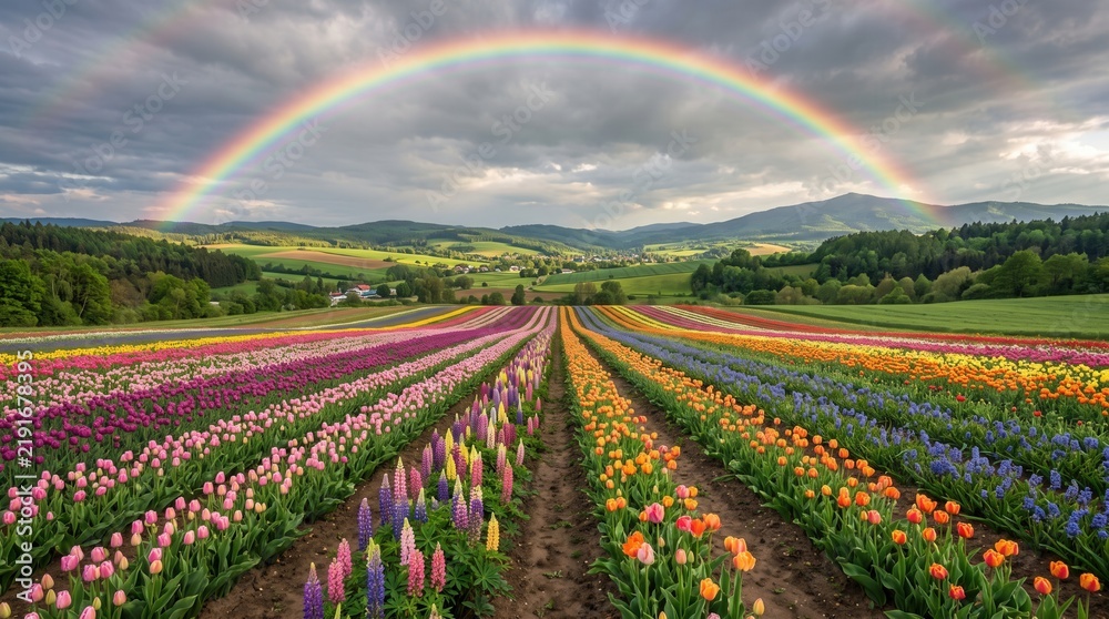 Obraz premium Colorful tulip fields beneath a stunning rainbow in a beautiful landscape