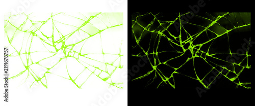Fotografie Neon green broken glass texture, shattered screen effect with glowing cracks, da