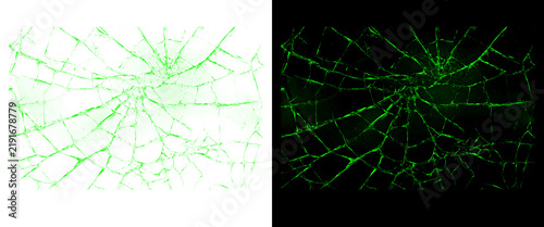 Canvas Print Shattered green glass texture set, broken screen effect with radial cracks, neon
