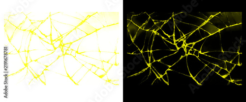 Foto Broken glass texture with yellow glowing cracks, shattered glass effect on black