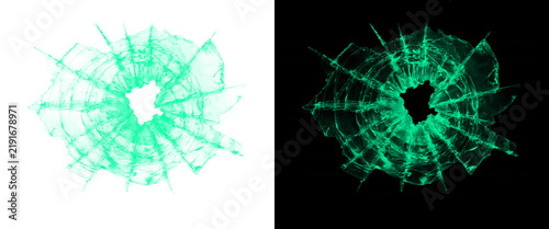 фотографія Shattered glass hole with radial cracks, emerald green broken window effect, glo