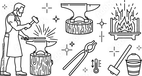 фотографія Blacksmith workshop line art elements set with smith forging hot metal anvil fur