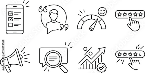 Customer review feedback line icon set with smartphone survey testimonial satisfaction gauge megaphone star rating and growth chart
