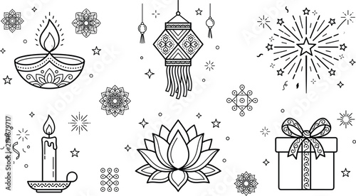 Diwali line art elements set with burning diya oil lamp candle lotus flower lantern fireworks and gift box