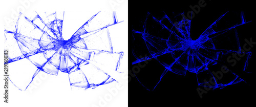 Canvastavla Broken glass texture with blue spiderweb cracks, shattered window effect on whit
