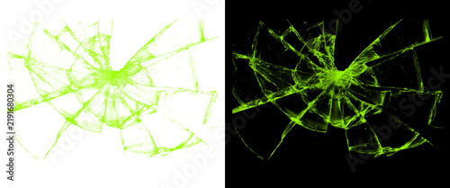 Foto Neon green broken glass shards, shattered window effect on black and white backg